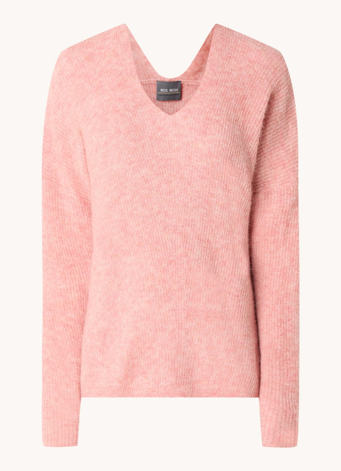 Mos Mosh MMThora fijngebreide pullover in alpaca wolblend met V-hals - voorkant 2 rosette / roze