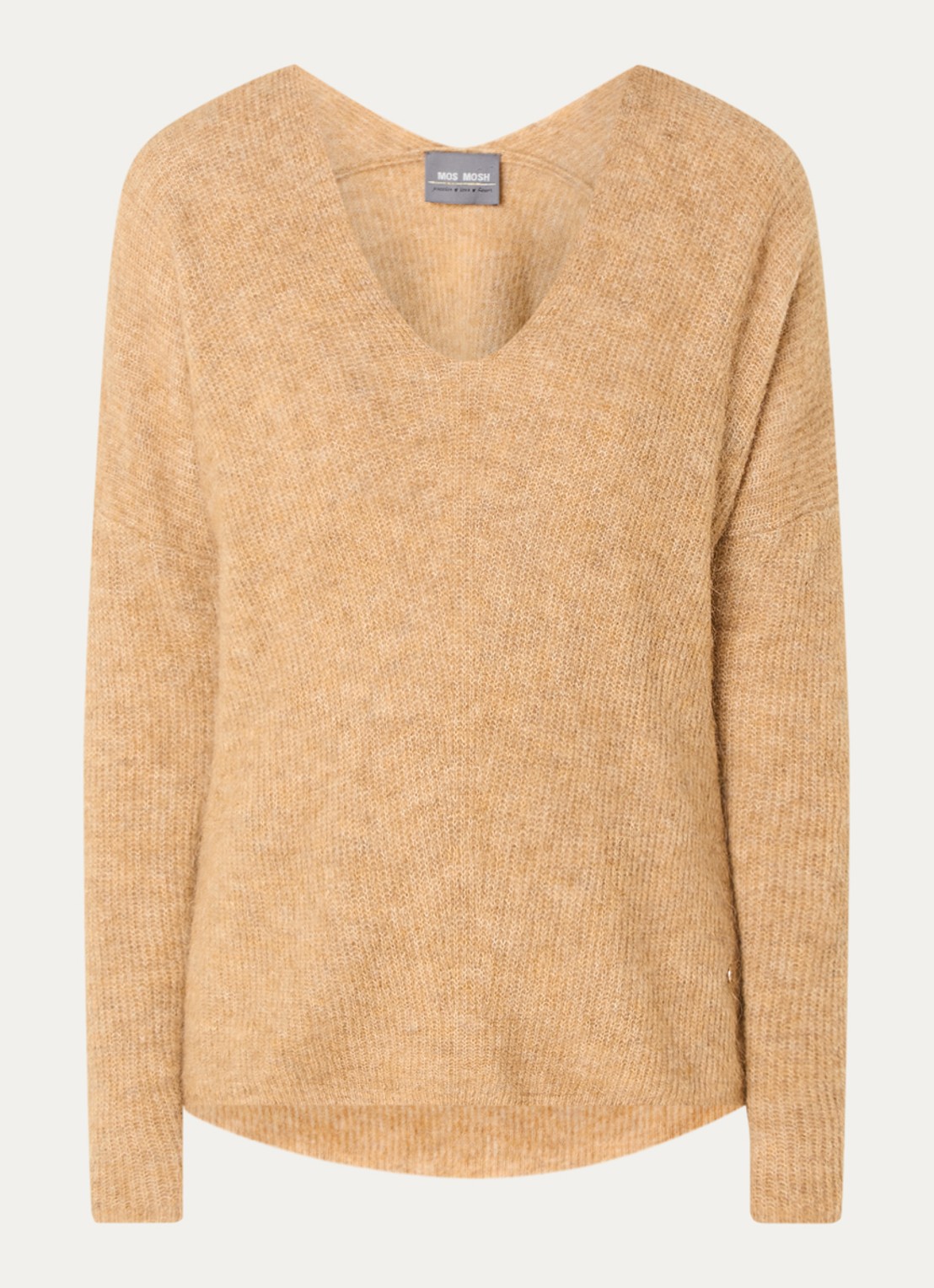 Mos Mosh MMThora fijngebreide pullover in alpaca wolblend met V-hals - voorkant 2 tannin / camel