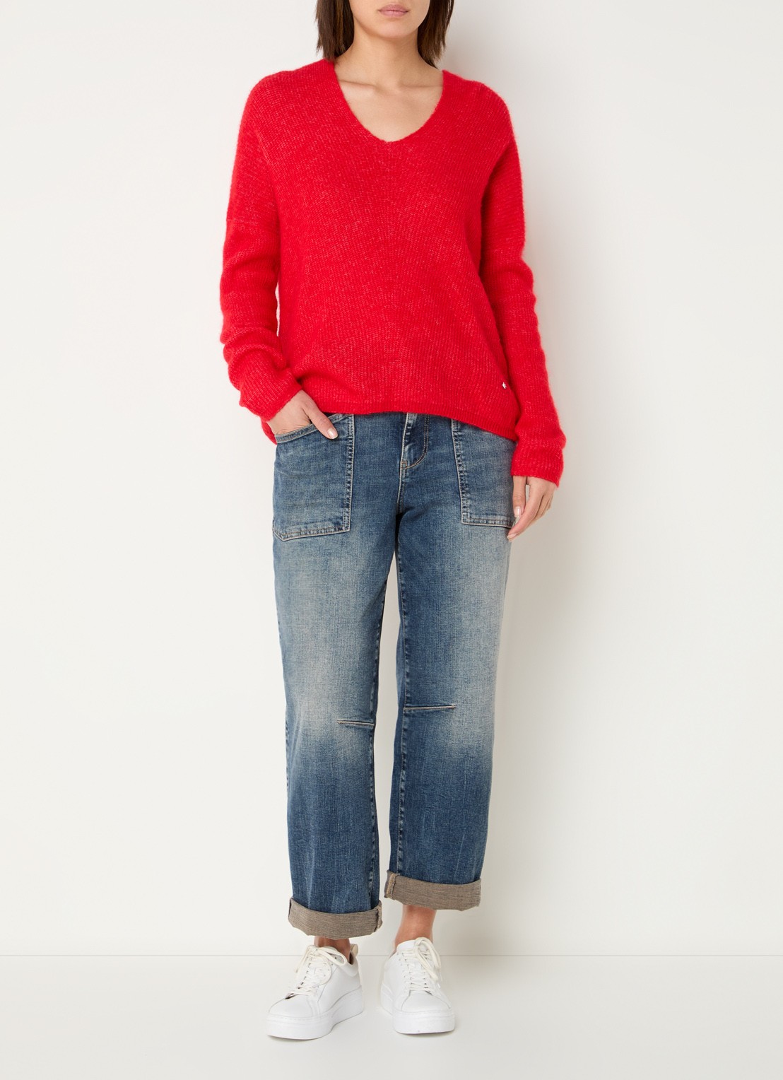 Mos Mosh MMThora fijngebreide pullover in alpaca wolblend met V-hals - voorkant 3 chinese red / rood