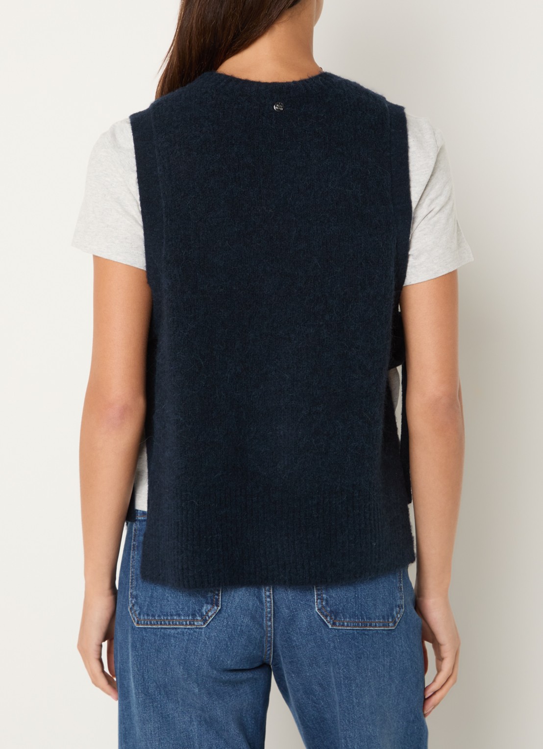 Mos Mosh MMThora grofgebreide spencer in alpaca wolblend met gestrikt detail - achterkant 4 donkerblauw