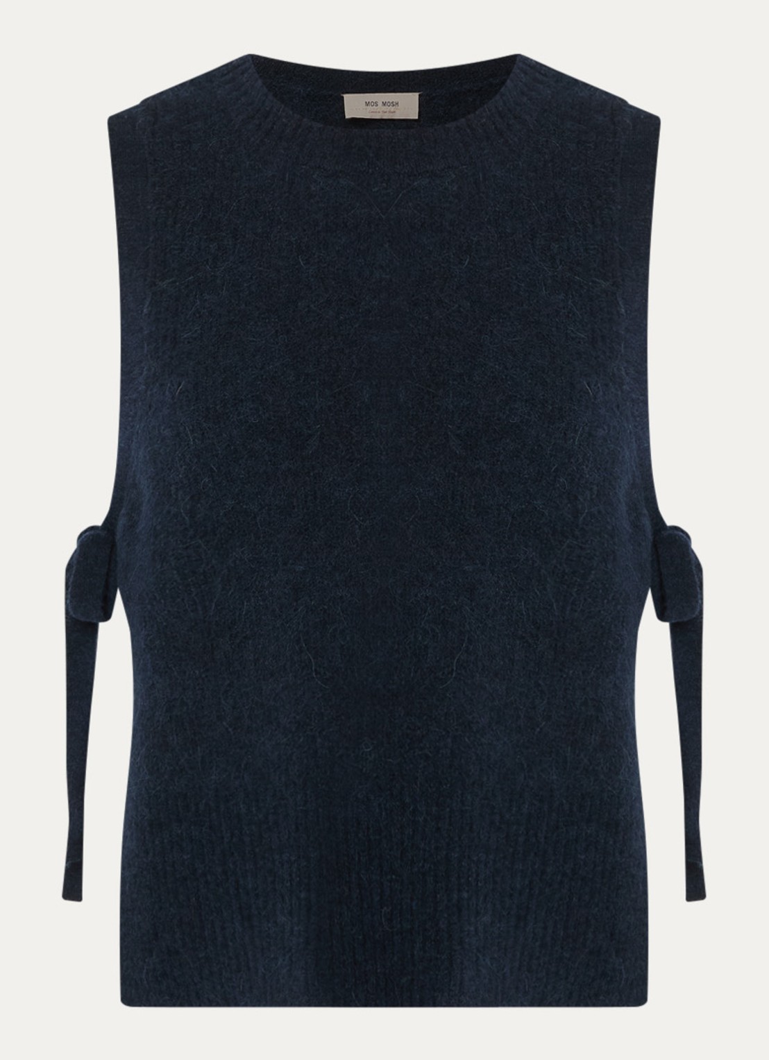 Mos Mosh MMThora grofgebreide spencer in alpaca wolblend met gestrikt detail - voorkant donkerblauw