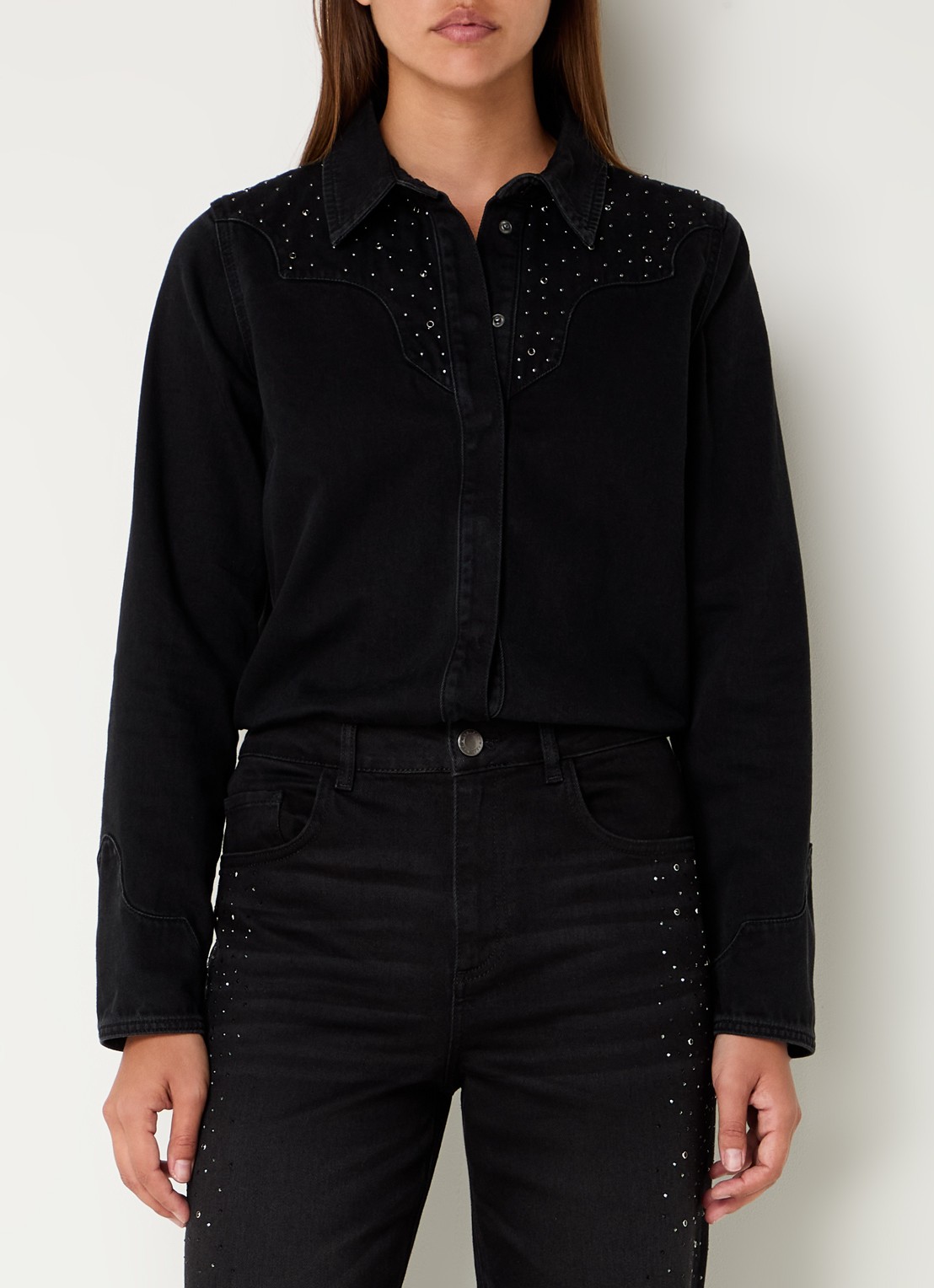 Mos Mosh MMVira blouse van denim met strass - detail 2 zwart