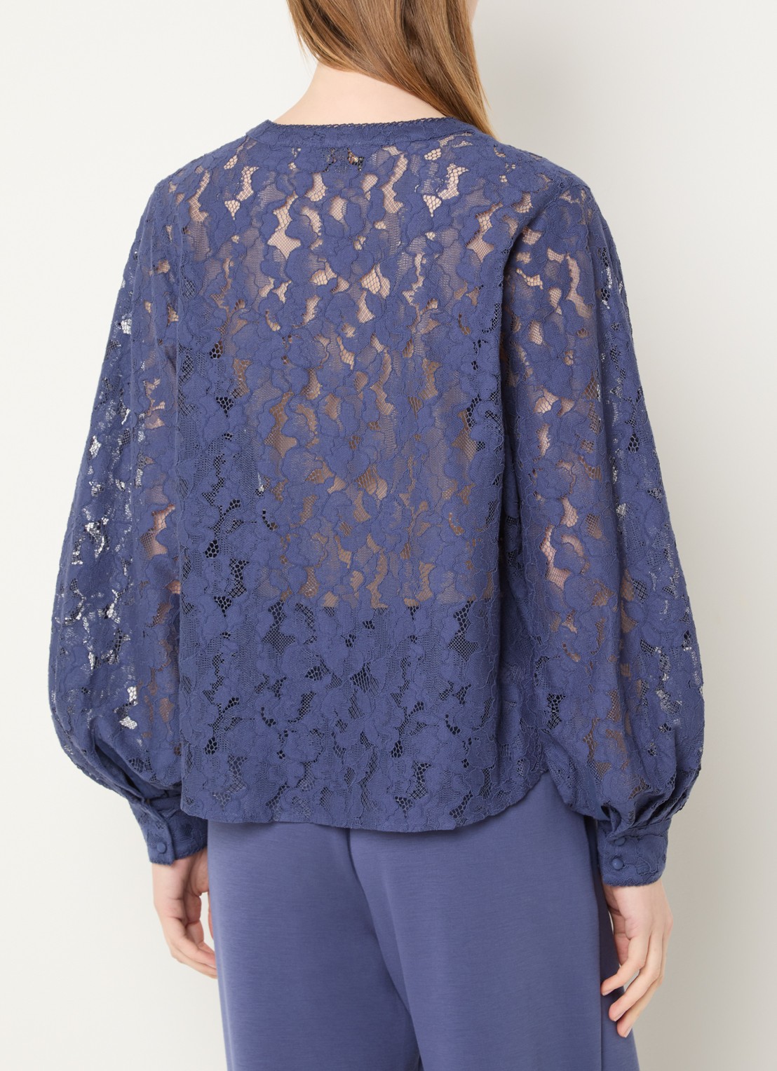Mos Mosh MMYen semi-transparante tuniek in linnenblend met broderie - achterkant donkerblauw
