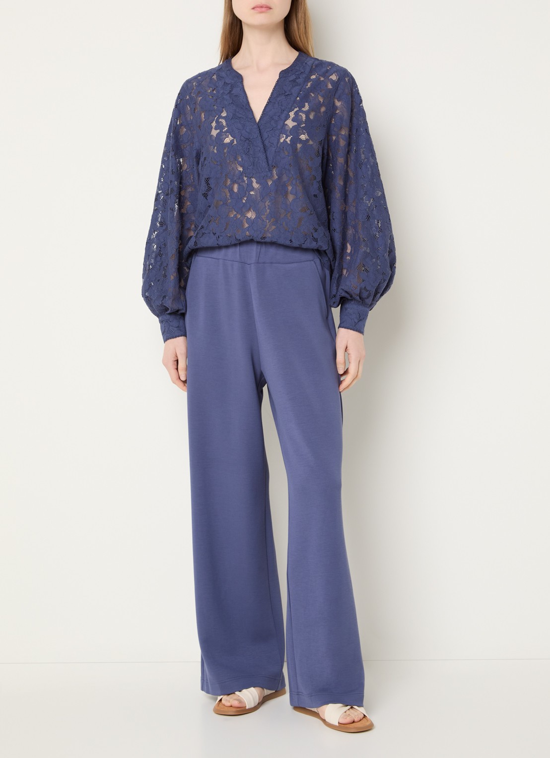Mos Mosh MMYen semi-transparante tuniek in linnenblend met broderie - voorkant 3 donkerblauw