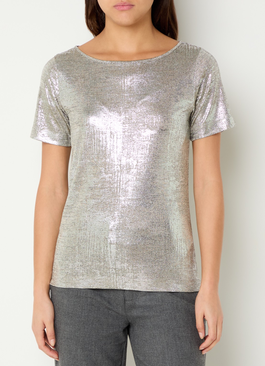 Mos Mosh Niva T-shirt met metallic finish en boothals - detail zilver