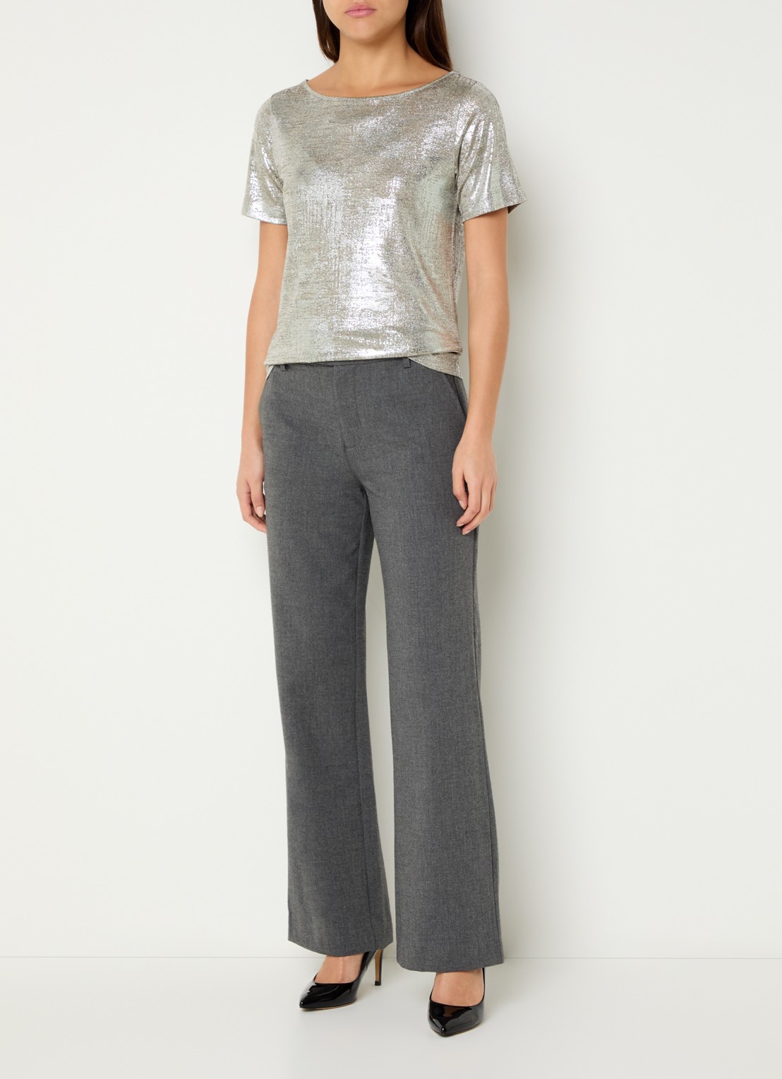 Mos Mosh Niva T-shirt met metallic finish en boothals - voorkant 4 zilver