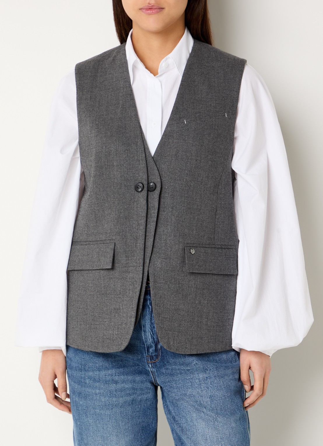 Mos Mosh Pippie gilet met klepzakken - detail donkergrijs