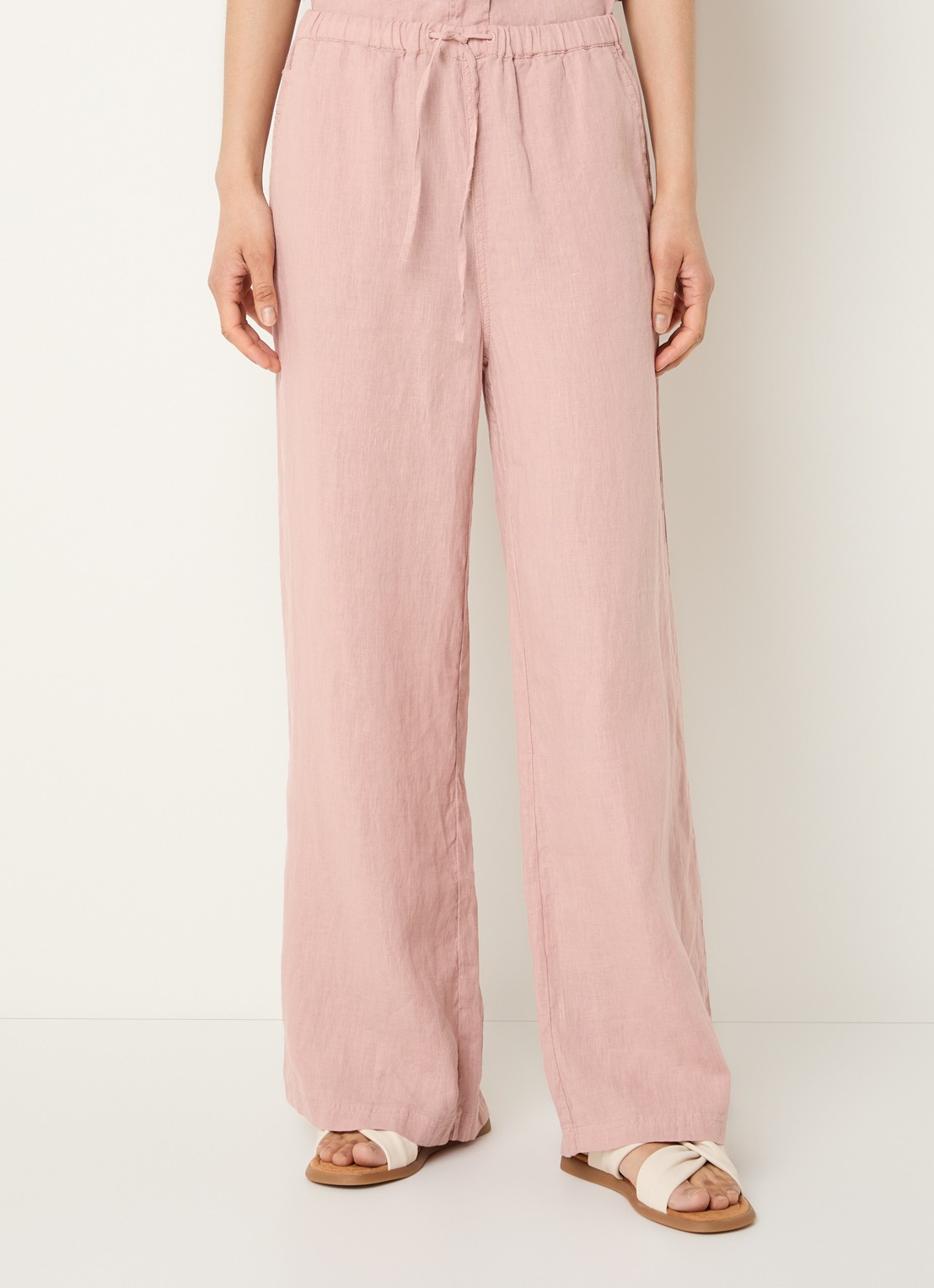Moscow Heylow mid waist wide fit broek van linnen met steekzakken - detail 4 roze