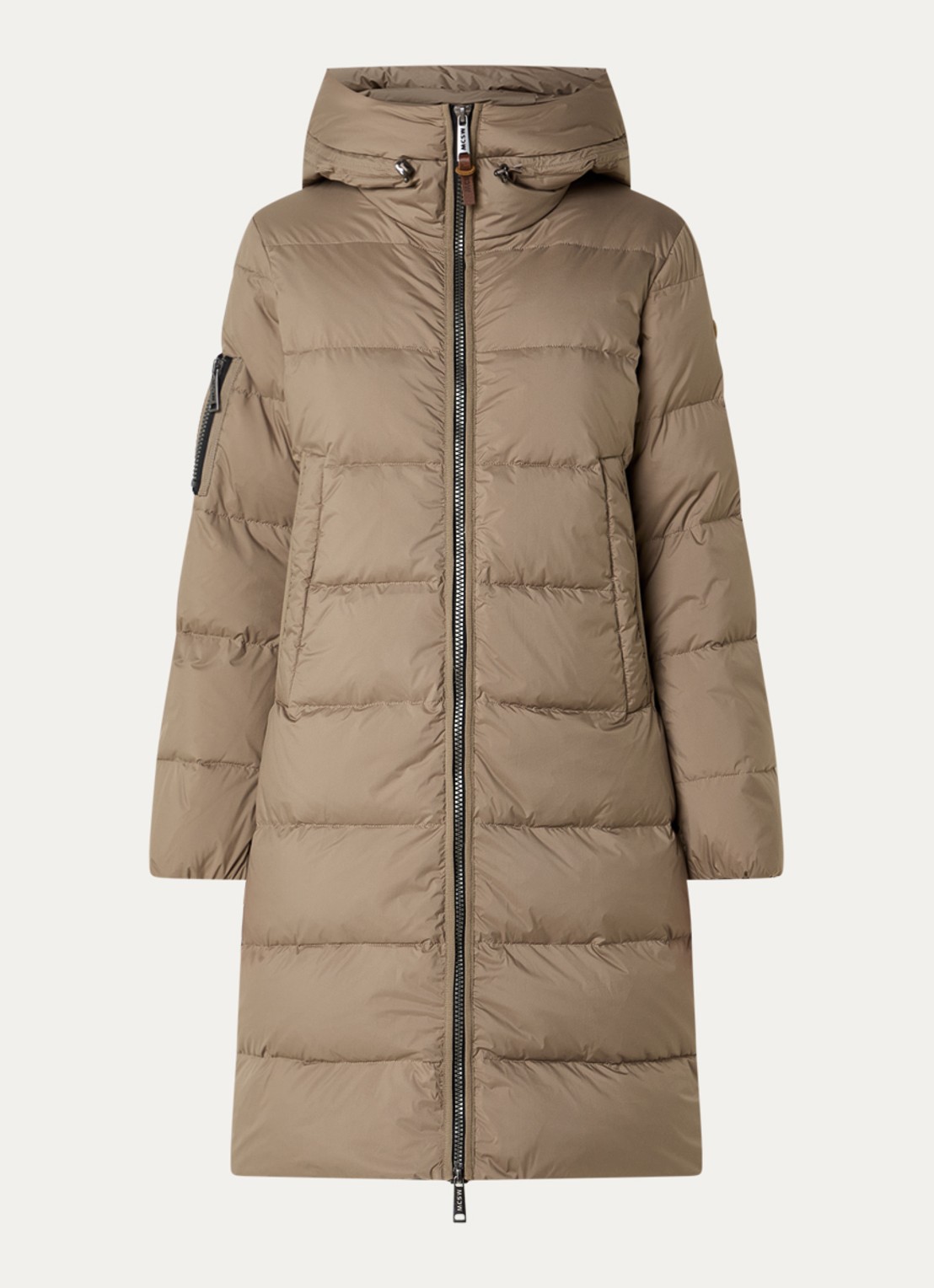 Moscow Missy longline puffer jas met donsvulling en capuchon - voorkant 2 taupe