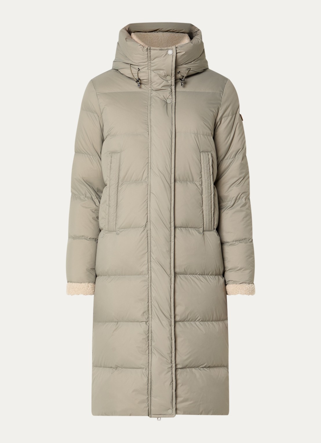 Moscow Xenia longline puffer jas met donsvulling en capuchon - voorkant 2 lindegroen