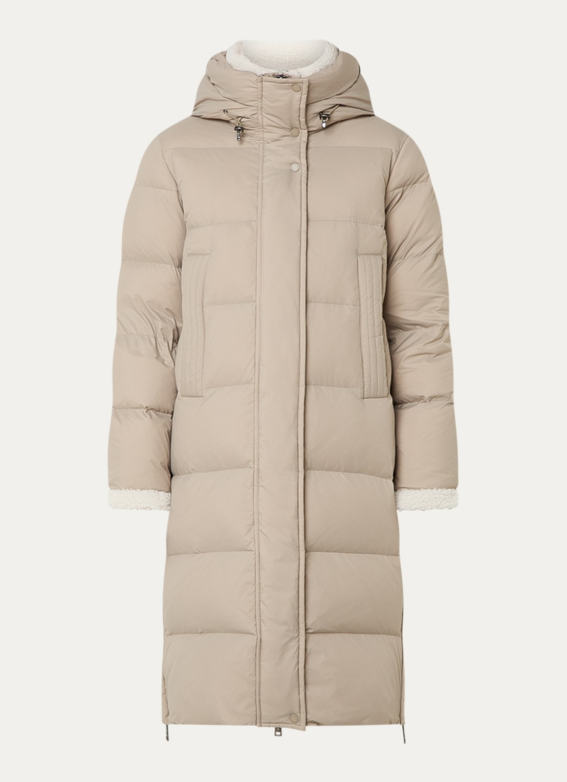 Moscow Xenia longline puffer jas met donsvulling en details van teddy - voorkant 3 taupe