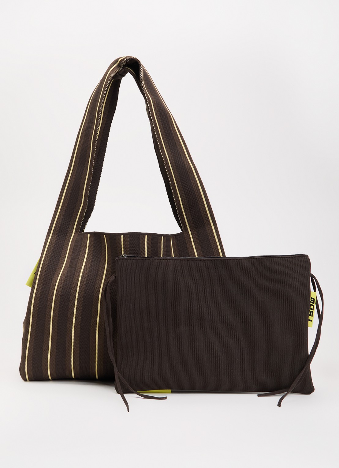 MOSJ Atelier Mocha Boxer shopper met streepprint en uiteembaar etui - voorkant 4 donkerbruin