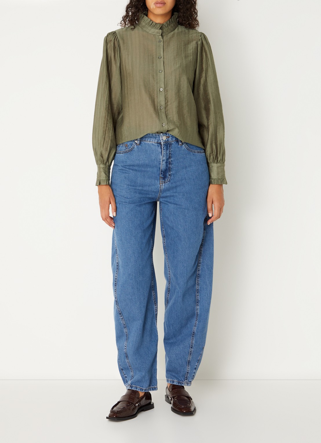 MSCH Copenhagen MSCHFemine blouse met ruches en pofmouw - voorkant 4 olijfgroen