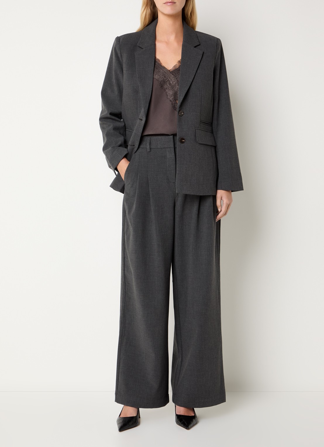 MSCH Copenhagen MSCHHenrike high waist wide leg pantalon met steekzakken - voorkant 3 donkergrijs