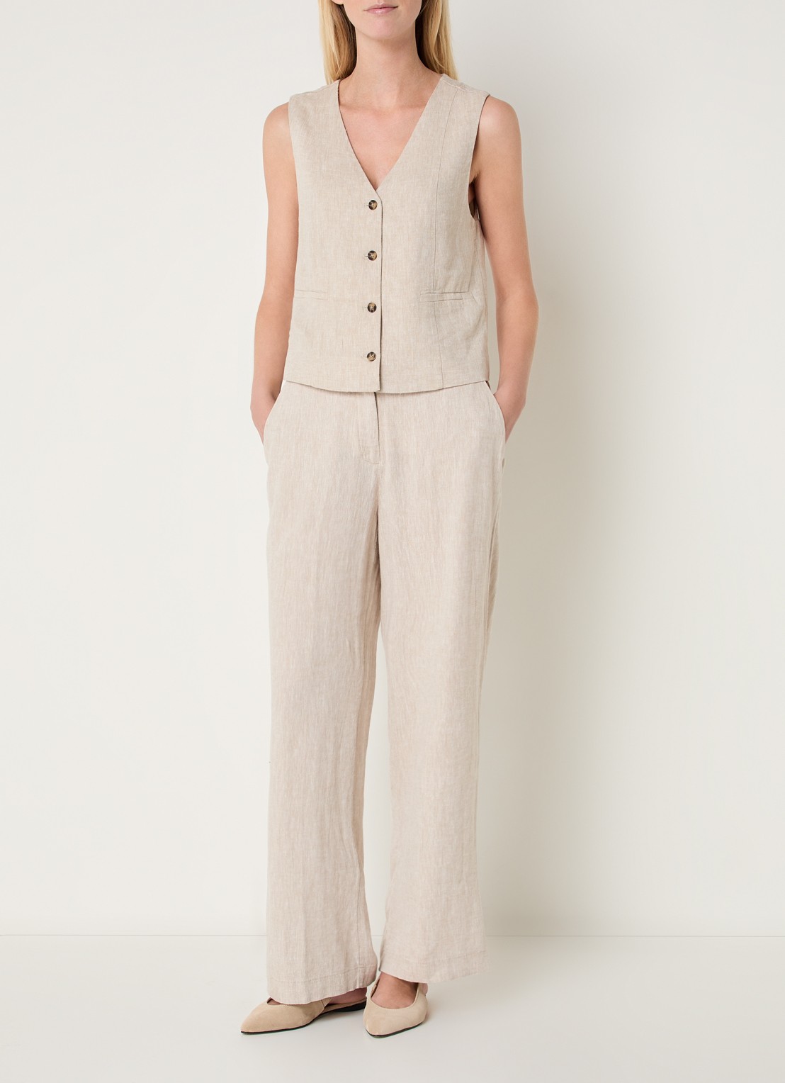 MSCH Copenhagen MSCHPennie high waist wide fit pantalon in linnenblend met steekzakken - voorkant 4 beige