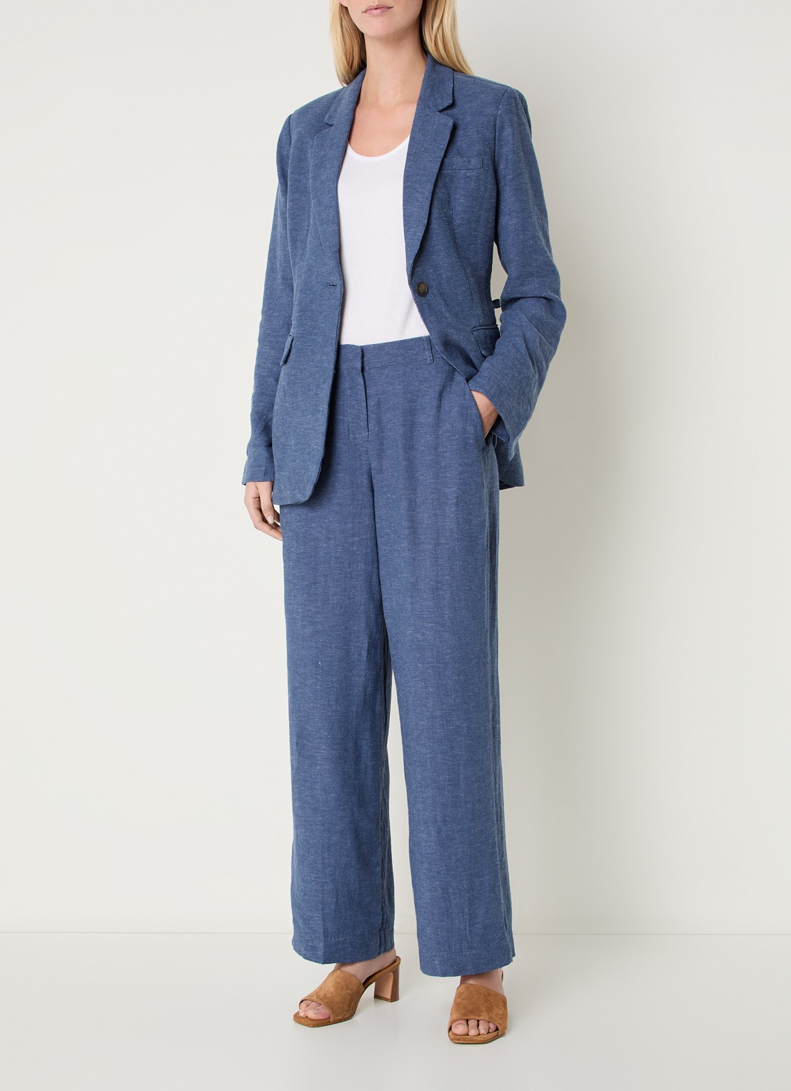 MSCH Copenhagen MSCHPennie high waist wide fit pantalon in linnenblend met steekzakken - voorkant 3 blauw