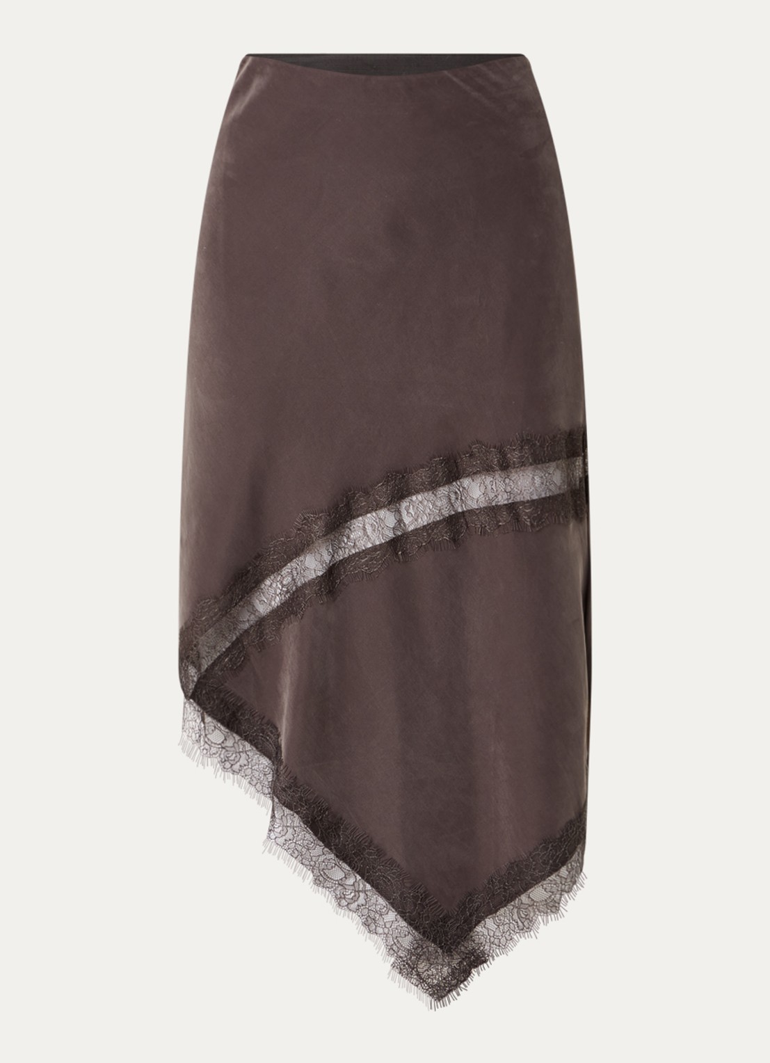 MSCH Copenhagen MSCHThea asymmetrische maxi rok met details van kant - voorkant 2 bruin