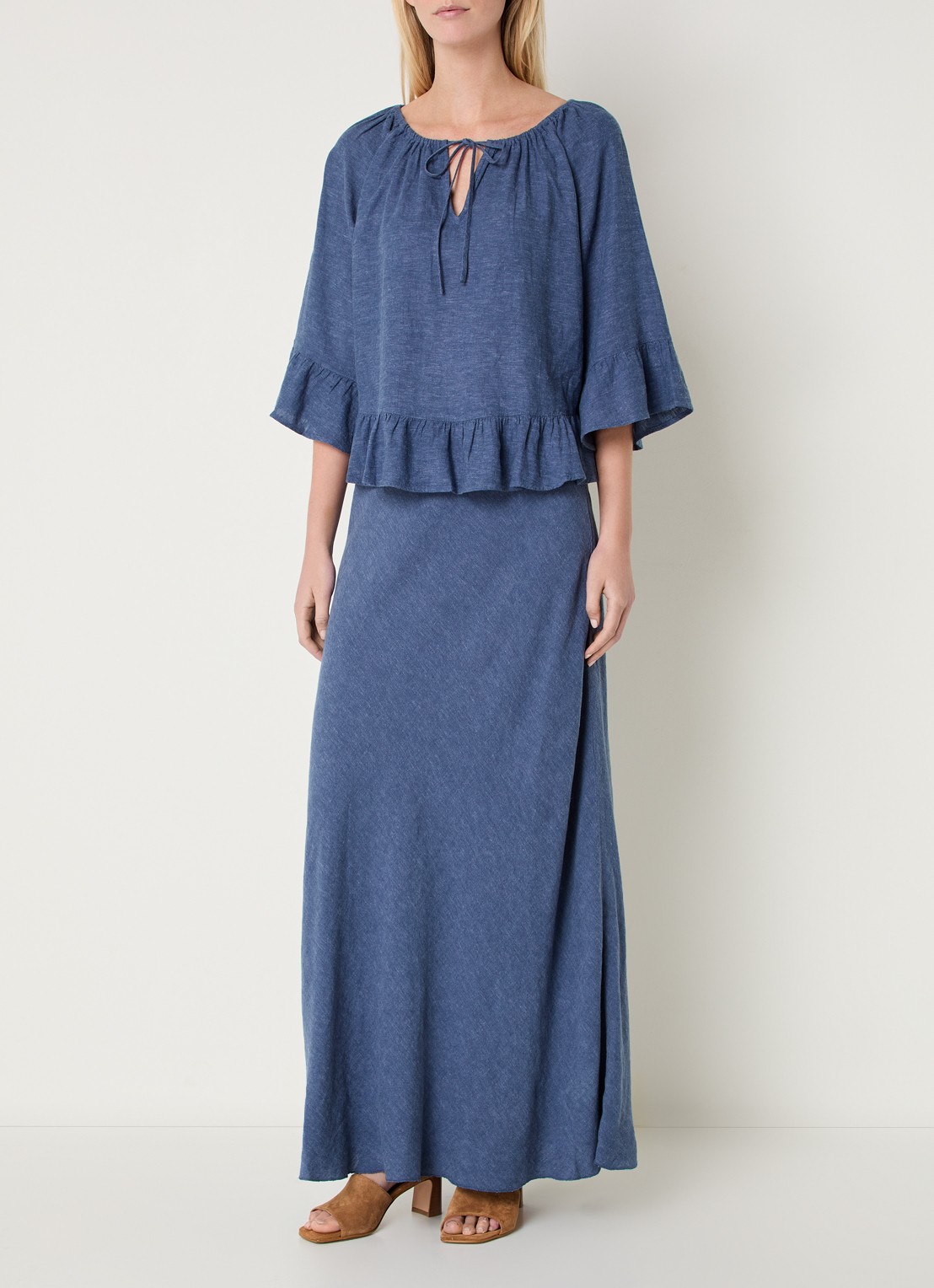 MSCH Copenhagen MSCHViana tuniek in linnenblend met strikkraag - voorkant 3 blauw