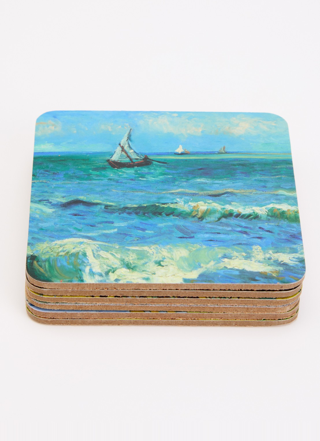 MTDay Van Gogh onderzetters van kurk set van 6 - voorkant 2 lichtblauw