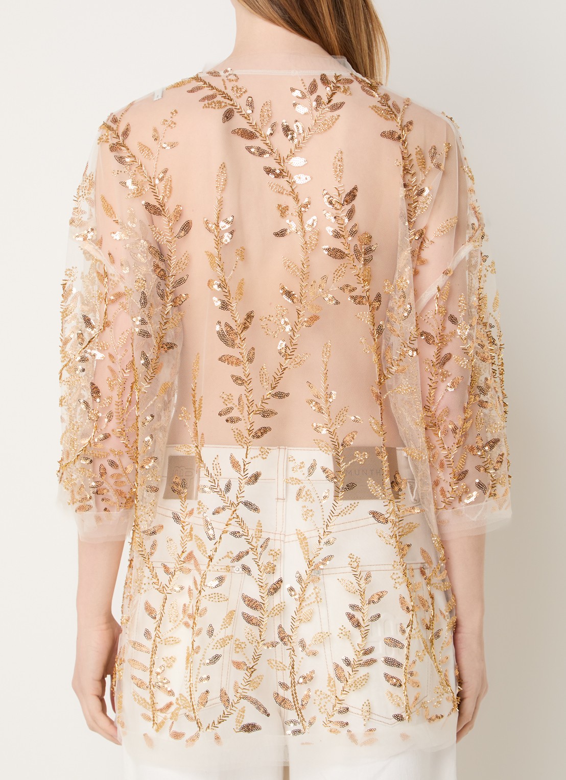 MUNTHE Babur semi-transparante top van mesh met strass en pailletten - achterkant 4 goud
