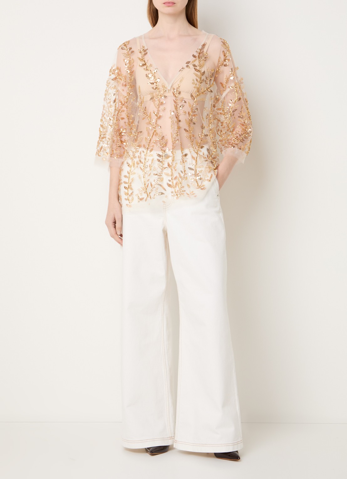 MUNTHE Babur semi-transparante top van mesh met strass en pailletten - voorkant 3 goud