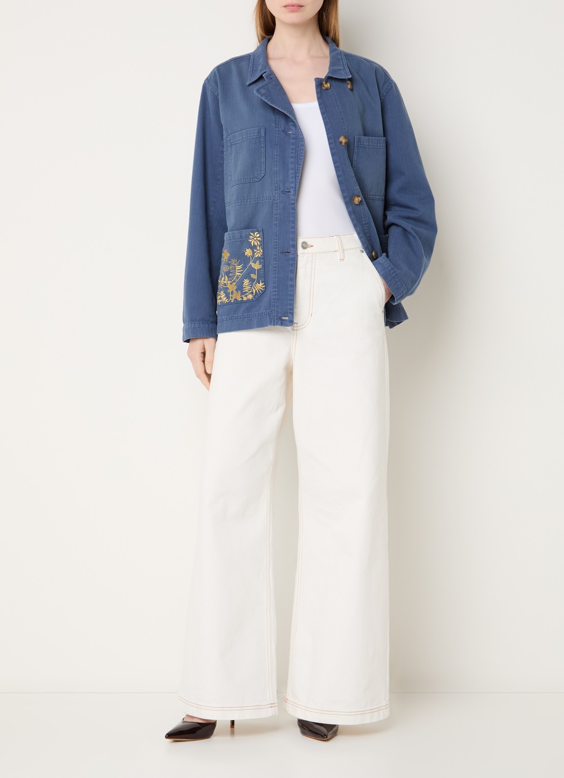 MUNTHE Bayan overshirt van chambray met borduring - voorkant 3 indigo