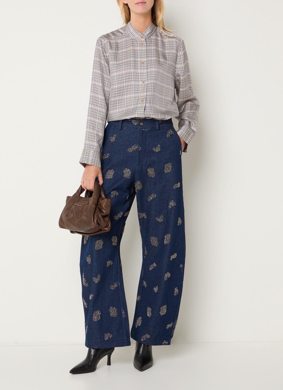 MUNTHE Blouse met sjaalkraag en ruitdessin - voorkant 2 lichtgrijs