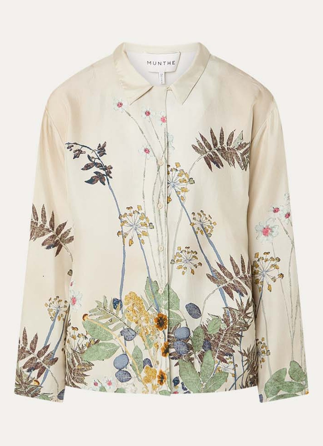 MUNTHE Faiza blouse van satijn met bloemenprint - voorkant 3 lindegroen