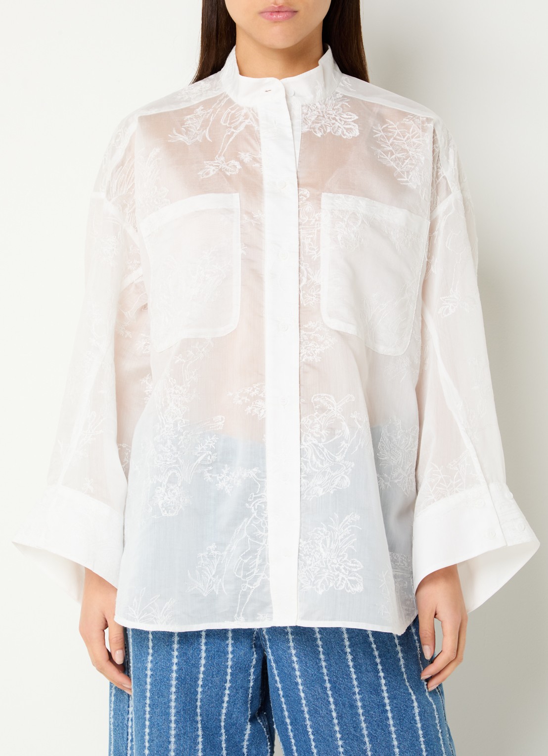 MUNTHE Fortunato oversized semi-transparante blouse met borduring - detail 3 wit