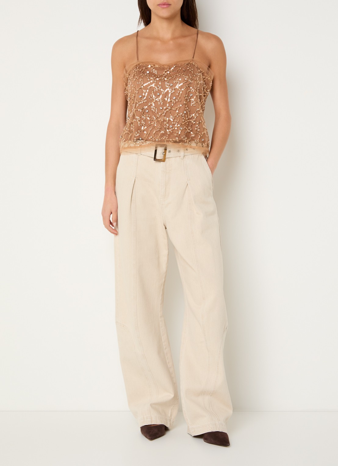 MUNTHE Nanina high waist loose fit chino met ceintuur - voorkant 2 beige