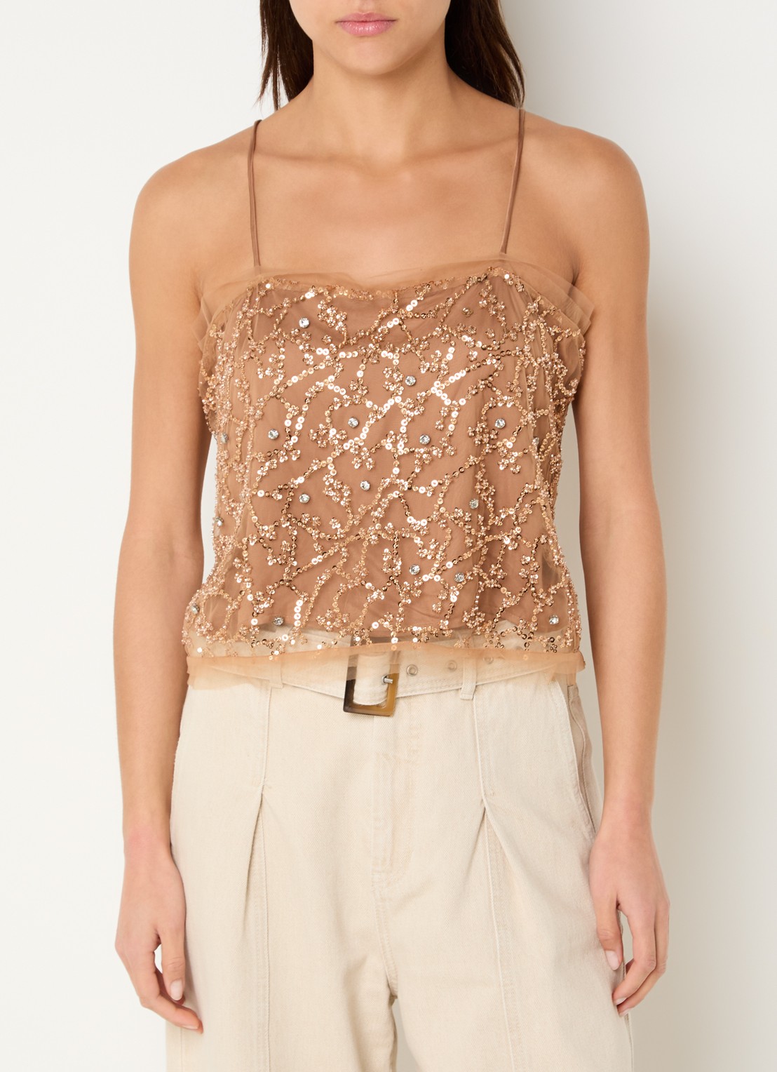MUNTHE Nannali mouwloze top met strass - detail 2 lichtbruin