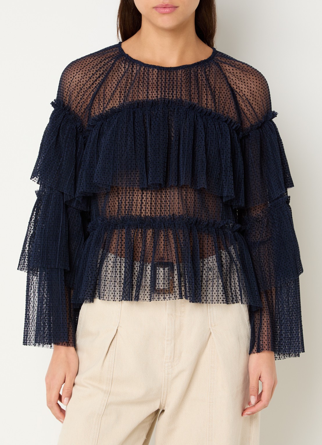 MUNTHE Naria semi-transparante top met stippenprint - detail 4 donkerblauw