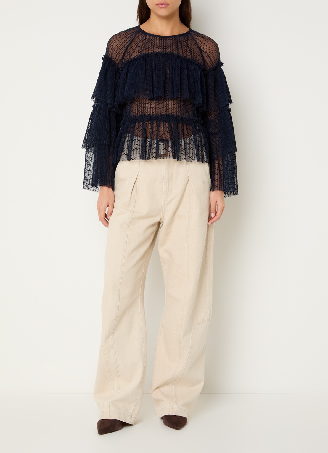 MUNTHE Naria semi-transparante top met stippenprint - voorkant 2 donkerblauw