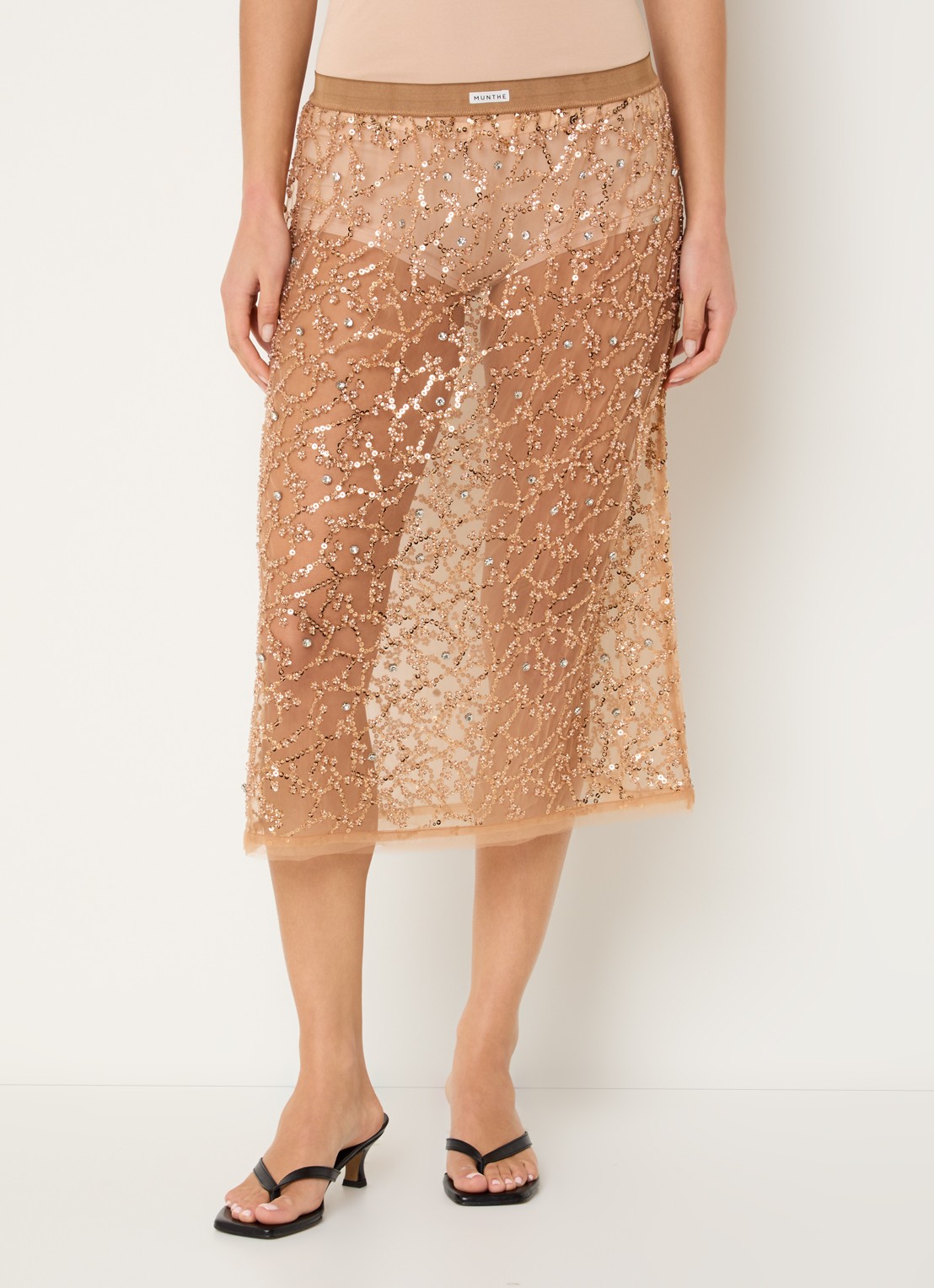 MUNTHE Ninia semi-transparante midi rok met strass - detail 4 lichtbruin