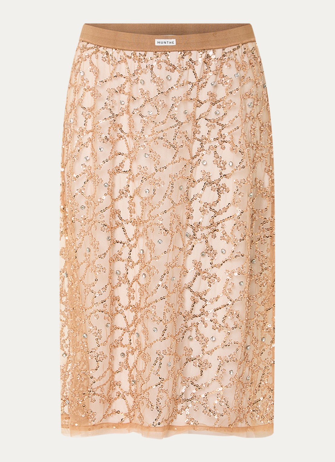 MUNTHE Ninia semi-transparante midi rok met strass - voorkant 2 lichtbruin