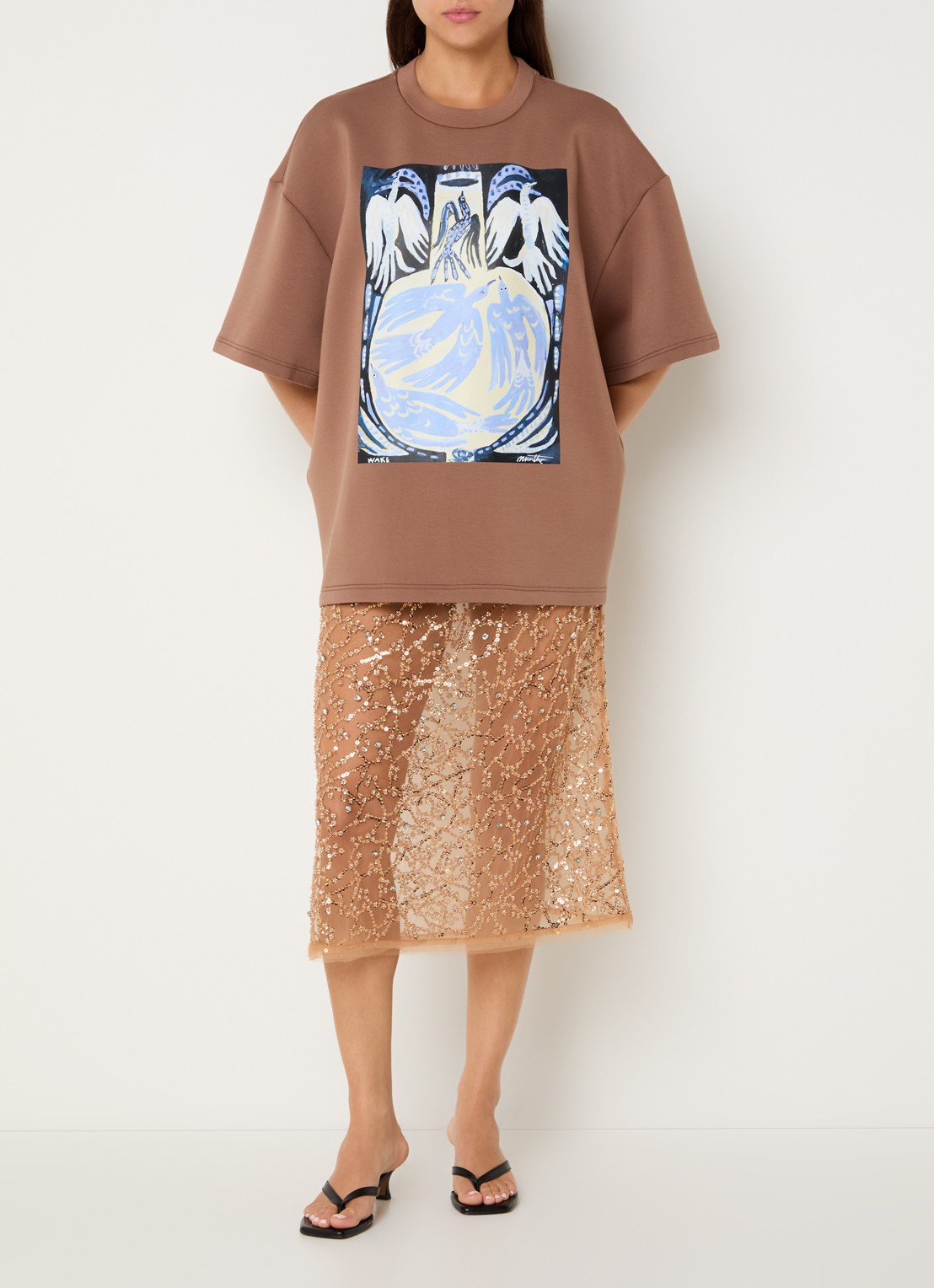 MUNTHE Ninia semi-transparante midi rok met strass - voorkant 3 lichtbruin