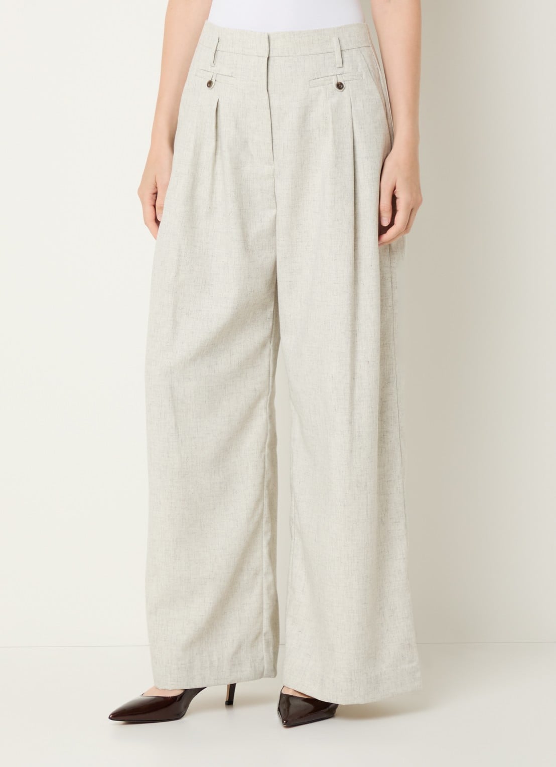 MUNTHE Robbie high waist wide fit pantalon met gemêleerd dessin - detail 4 lichtgrijs