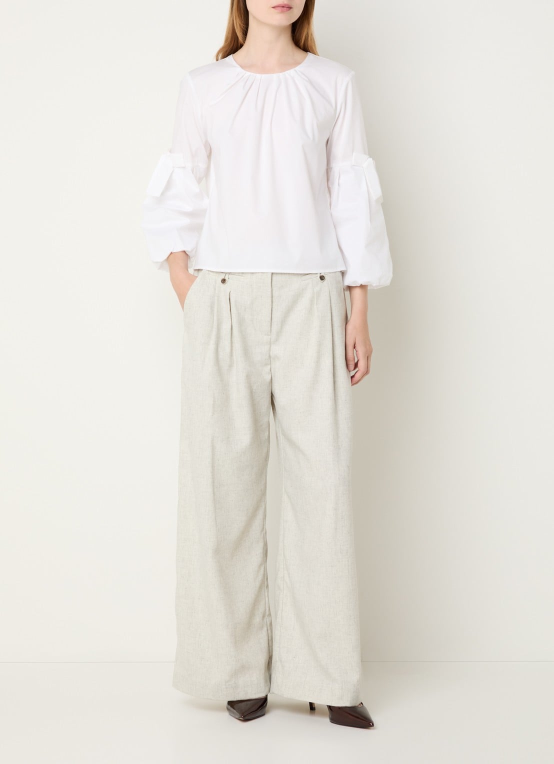 MUNTHE Robbie high waist wide fit pantalon met gemêleerd dessin - voorkant 3 lichtgrijs