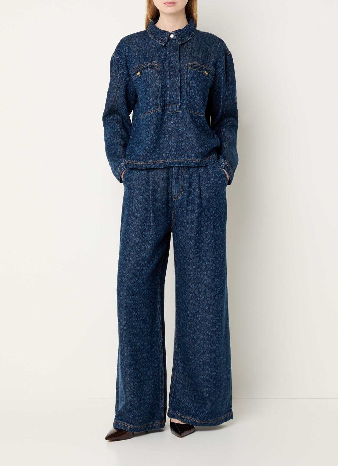 MUNTHE Ronan high waist wide leg jeans met logoprint en donkere wassing - voorkant 2 indigo