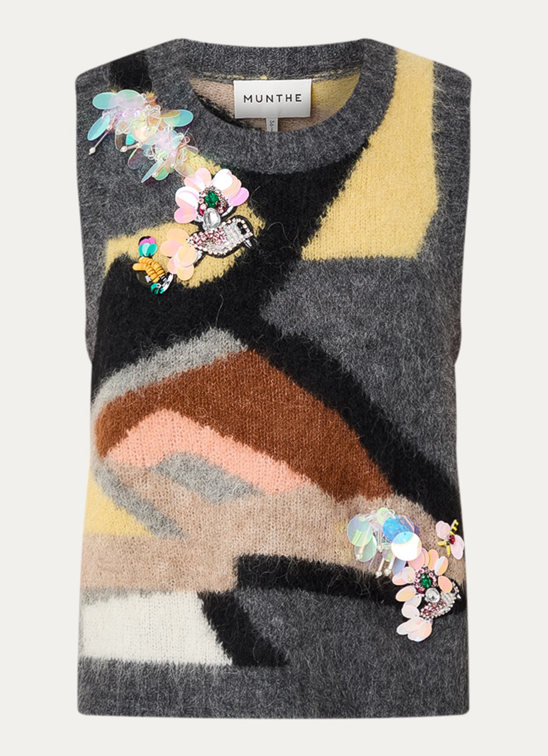 MUNTHE Rubble grofgebreide spencer met strass - voorkant donkergrijs