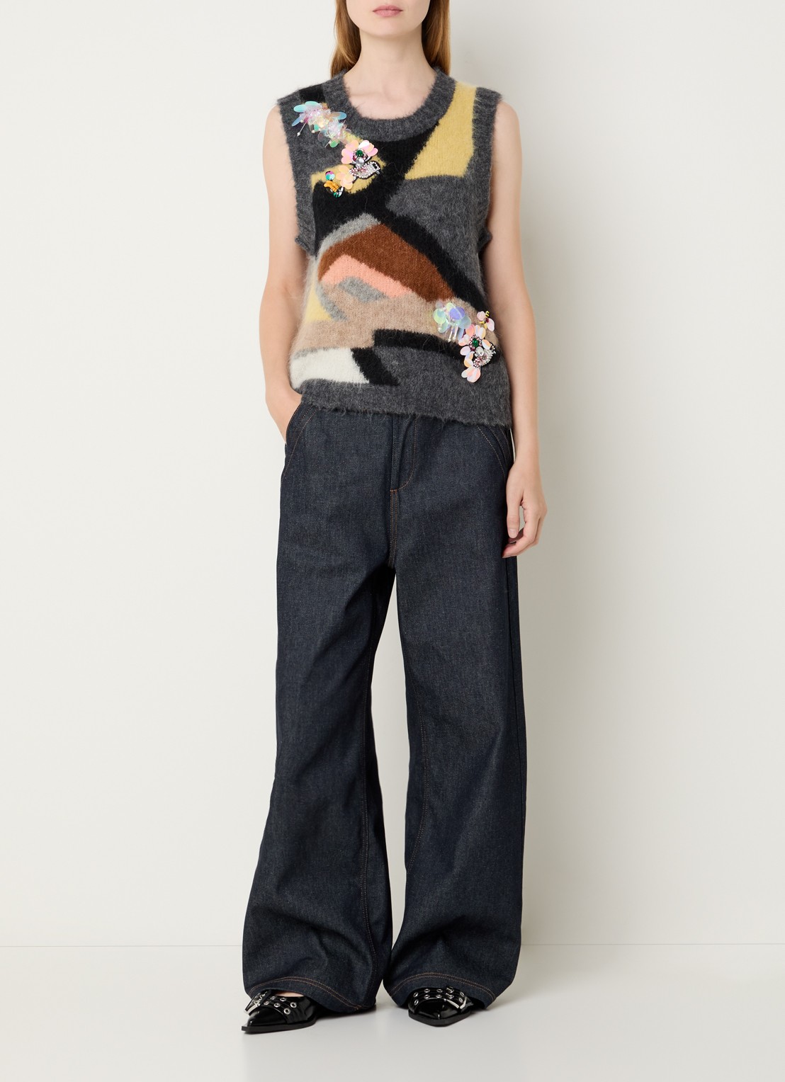 MUNTHE Rubble grofgebreide spencer met strass - voorkant 2 donkergrijs