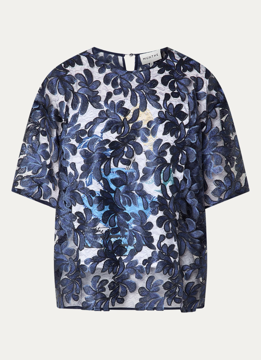 MUNTHE Semi-transparante top met pailetten en borduring - voorkant 2 blauw