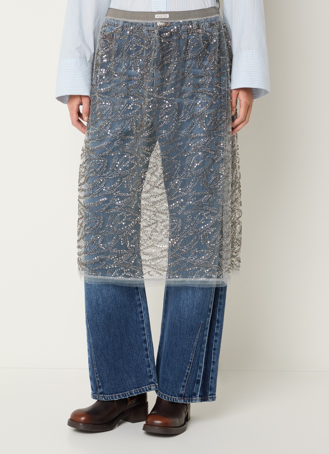 MUNTHE Vatosha semi-transparante midi rok van mesh met strass en pailletten - detail 3 zilver