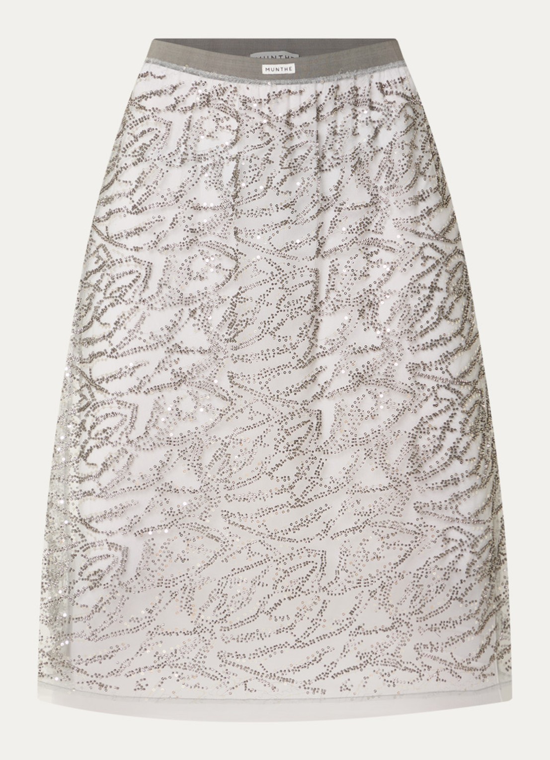 MUNTHE Vatosha semi-transparante midi rok van mesh met strass en pailletten - voorkant zilver