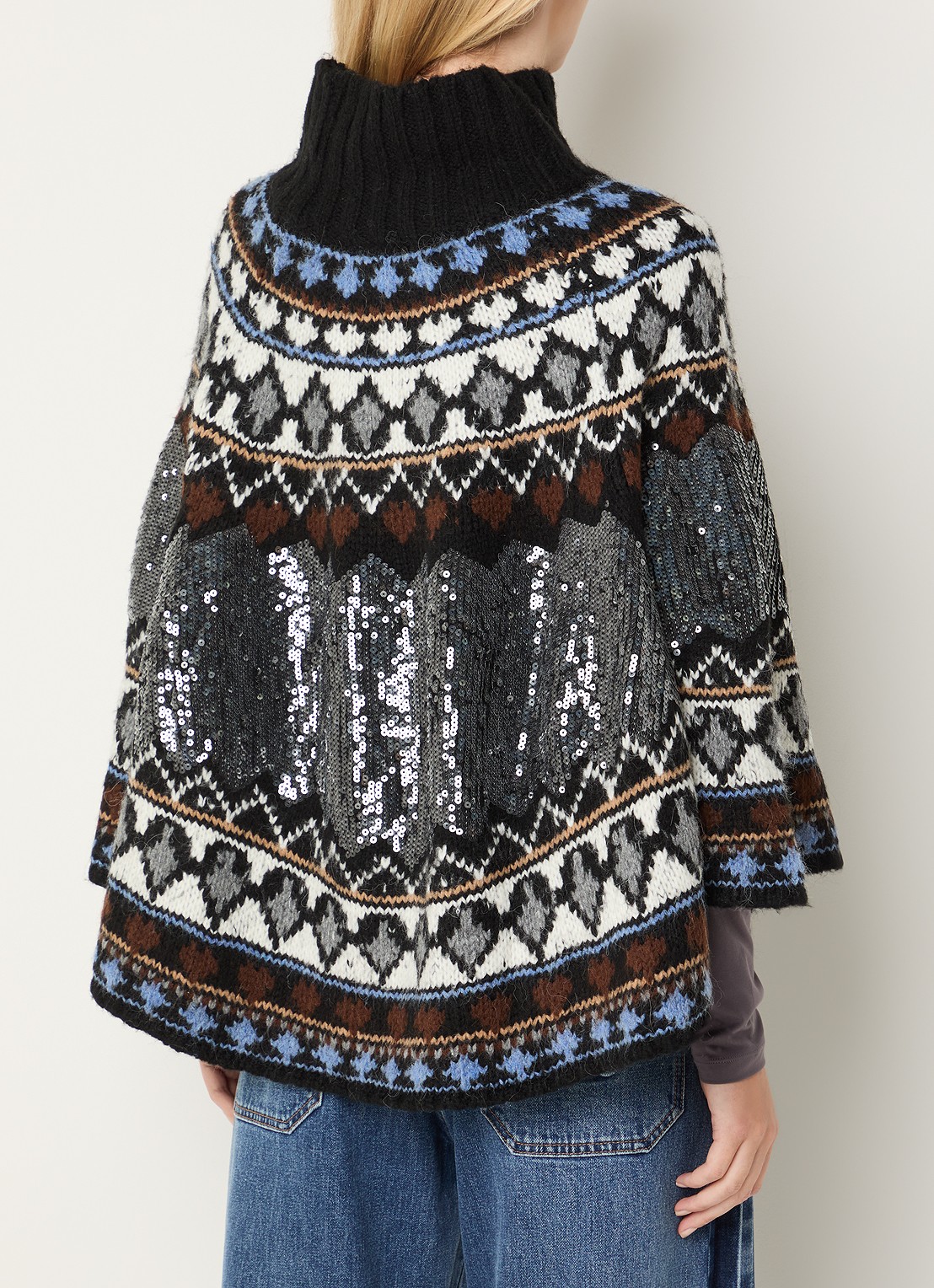 MUNTHE Verst grofgebreide poncho met pailletten en ingebreid patroon - achterkant 2 zwart