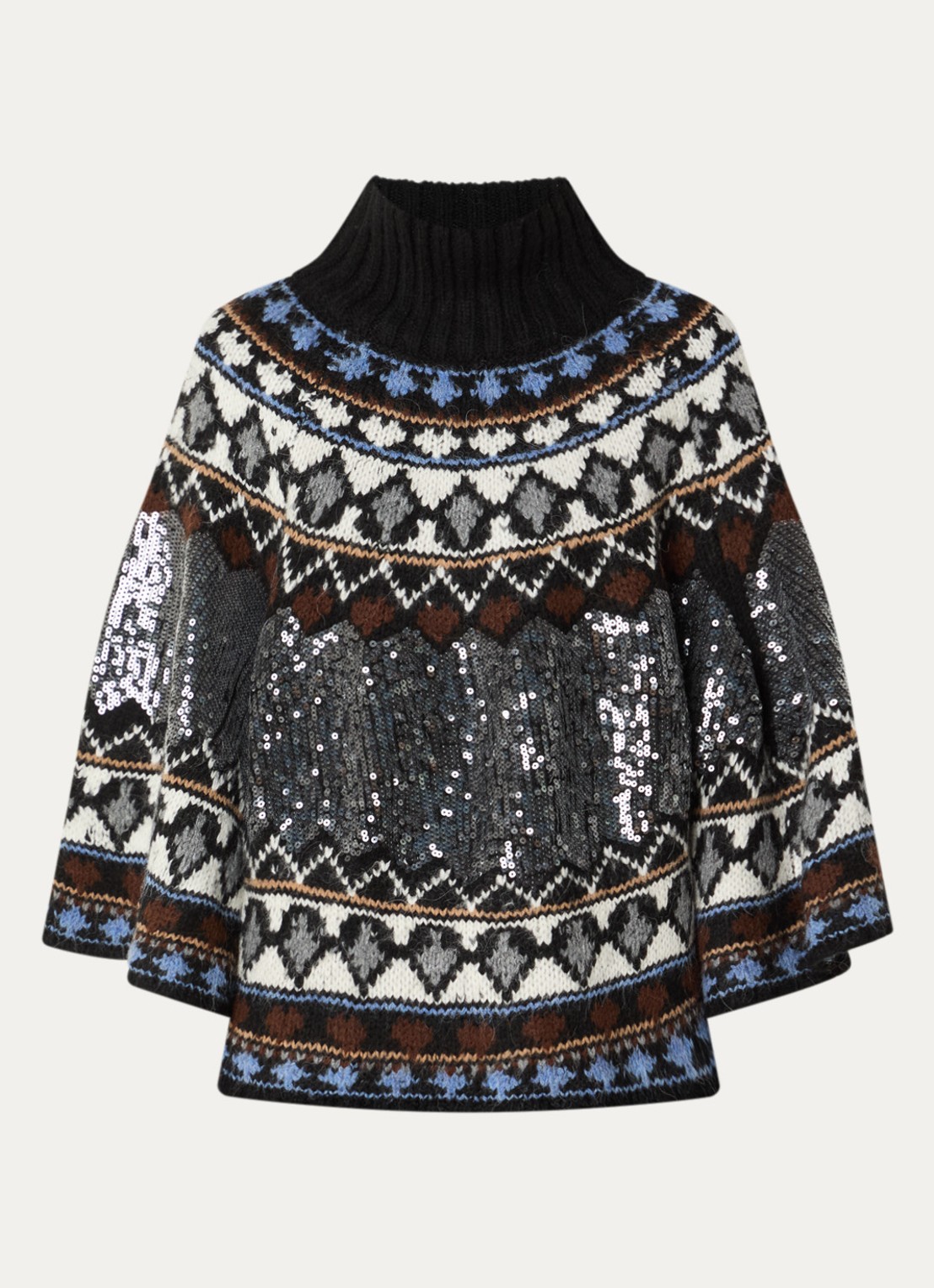 MUNTHE Verst grofgebreide poncho met pailletten en ingebreid patroon - voorkant 3 zwart