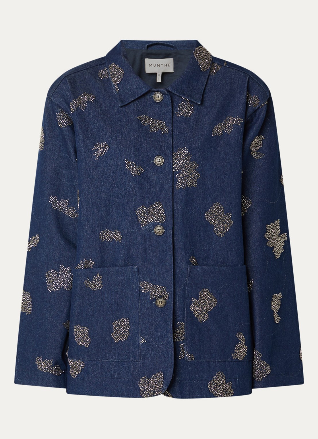 MUNTHE Vichola blouse van denim met kralendecoratie - voorkant indigo