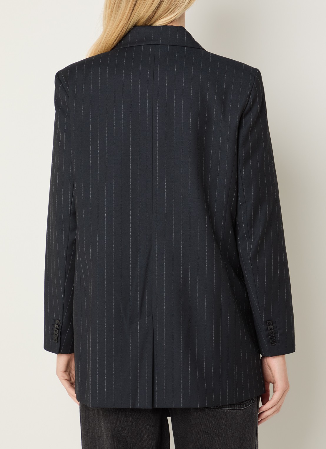 MUNTHE Virionics double-breasted blazer met krijtstreep en pailletten - achterkant 2 donkerblauw