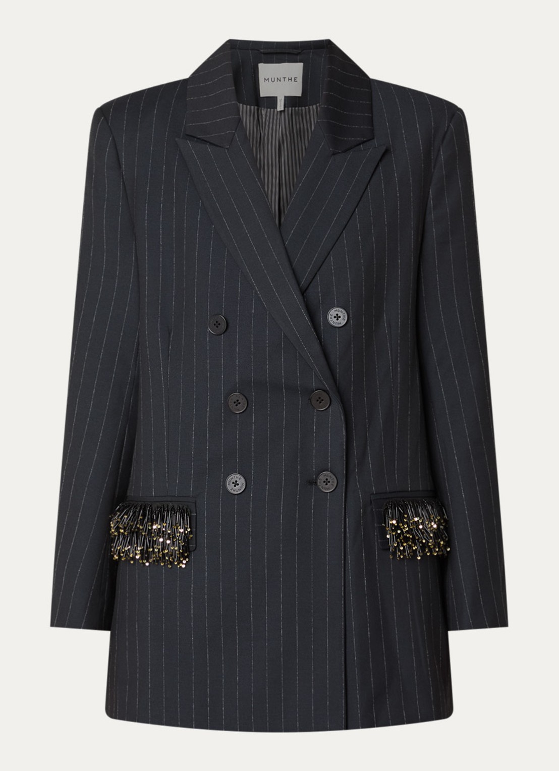 MUNTHE Virionics double-breasted blazer met krijtstreep en pailletten - voorkant 3 donkerblauw