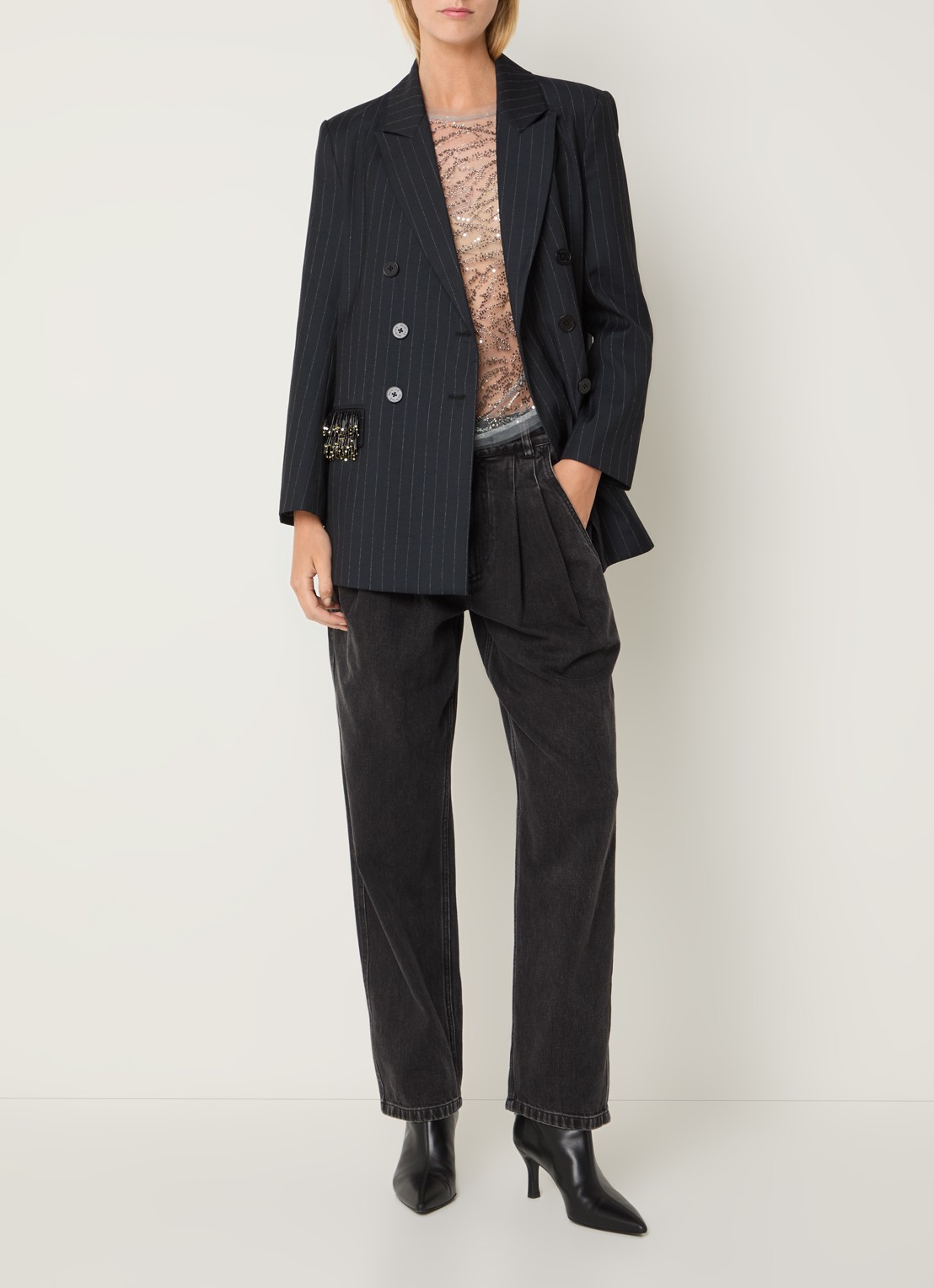 MUNTHE Virionics double-breasted blazer met krijtstreep en pailletten - voorkant 4 donkerblauw